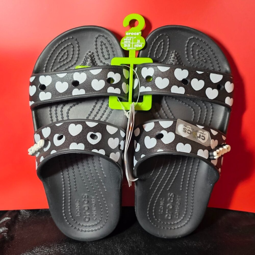 Women's Black w/white hearts Crocs slides - Picture 2 of 7
